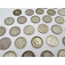  Sixty-nine pre 1920 British silver one shilling coins including 1819, three 1826, 1871, 1872, 1873, 1878, 1882, two 1883, two 1884, 1885, 1886, three 1887, 1888 etc  