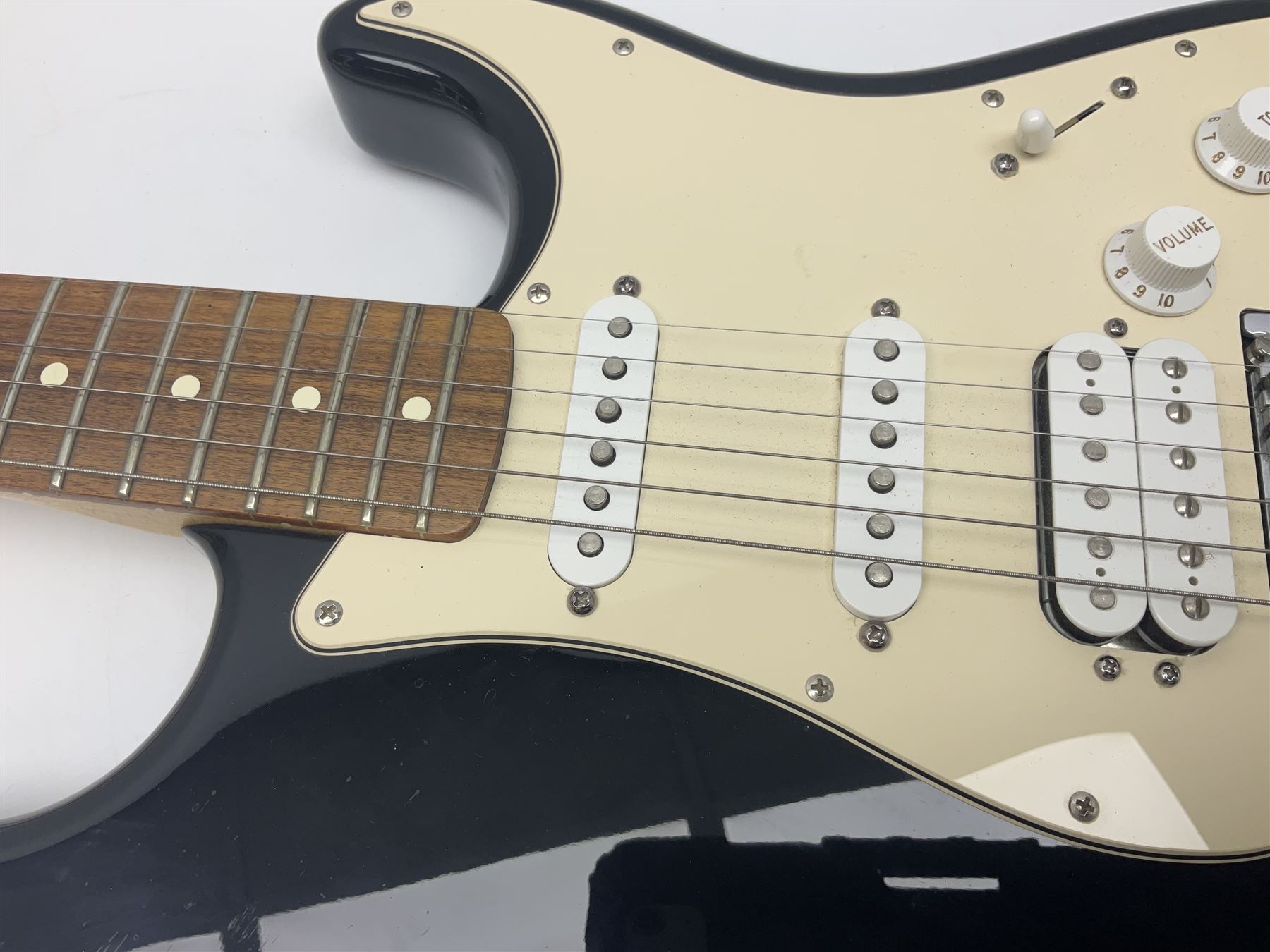 Mexican Fender Stratocaster electric guitar in black c2003 with Floyd Rose tremolo system, serial no.MZ3129600; L98cm; in Freestyle fitted case with 2006 Diamond Anniversary booklet