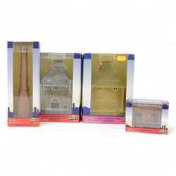 Seven Bachmann Scenecraft 00 gauge 'Oak Hill Brewery' model railway trackside buildings, comprising 44057 Factory Unit, two 44056 Warehouses, two 44058 Hop Drying Kilns, 44059 Boiler House and 44060 Boiler House Chimney, all boxed