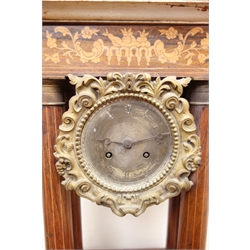  19th Century French rosewood marquetry inlaid portico clock, circular silvered Roman dial in scroll surround, brass twin train Leroy a Paris 8-day movement striking half hours on a bell,  on base, H57cm,  Fire Damaged  