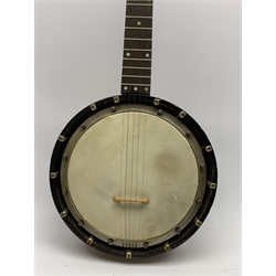 Five-string banjo by Geo. P. Matthew of Birmingham with segmented walnut back and sides, maker's stamp and incised former owner's name Sydney Lyn Muir, serial no.23259, L92cm