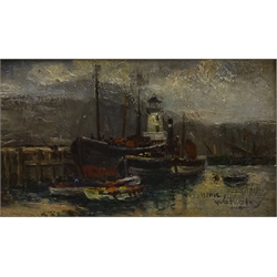  James Ulric Walmsley (British 1860-1954): Fishing Boats in Scarborough Harbour, oil on panel signed 12cm x 20.5cm  DDS - Artist's resale rights may apply to this lot     