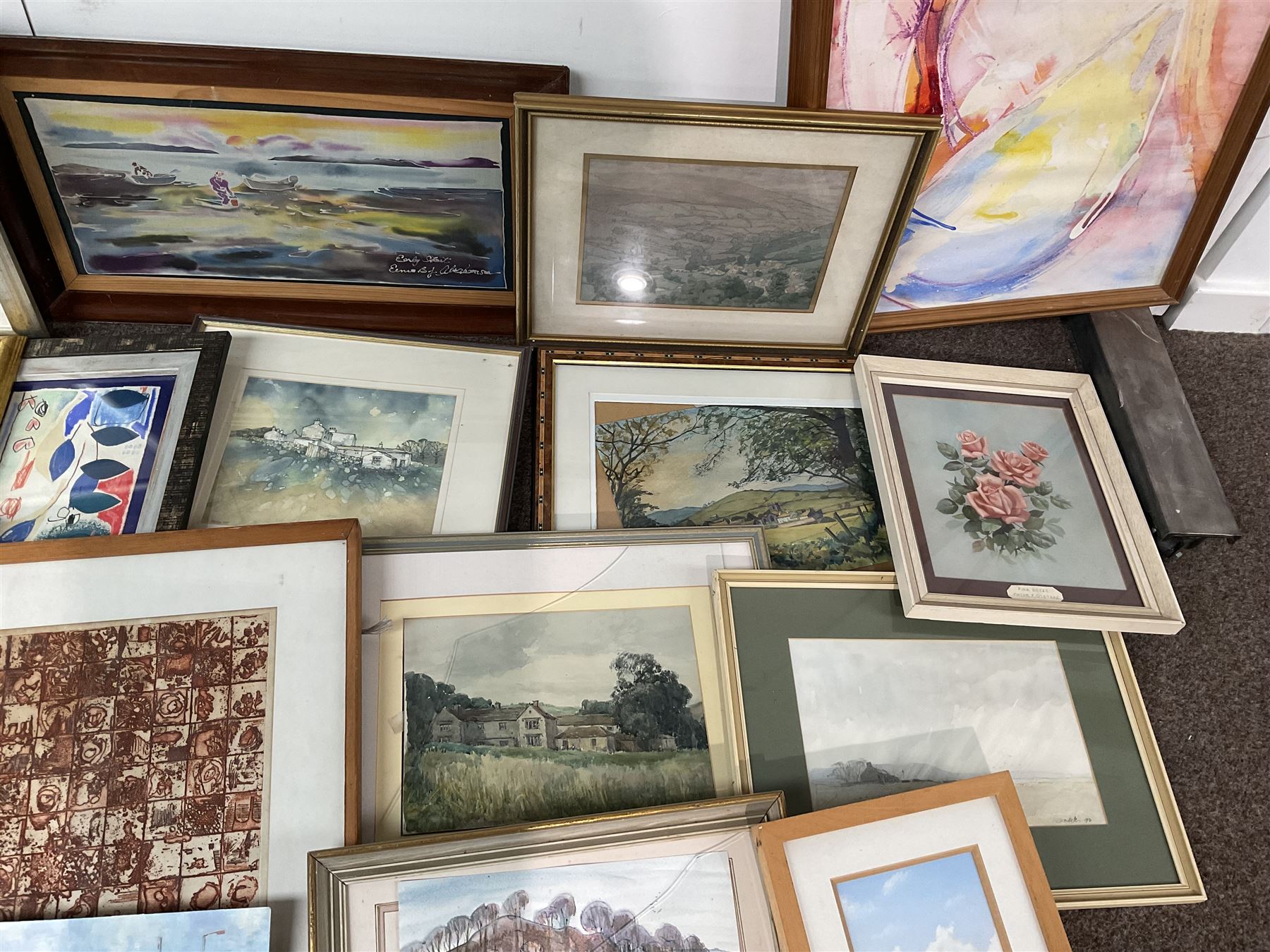 Collection of 20th century and contemporary watercolours and other original works to include Malcolm Jones, Major F Osborne, John Ayers, Joe Hush and Stanley Cunningham in one box (approx. 18)