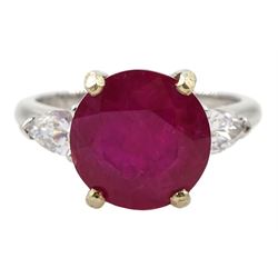18ct white gold three stone round ruby and pear shaped diamond ring, hallmarked ruby approx 4.75 carat