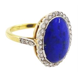 Early - mid 20th century 18ct gold and platinum lapis lazuli and diamond cluster ring, oval cut lapis lazuli surrounded by milgrain set rose cut diamonds, with diamond set shoulders