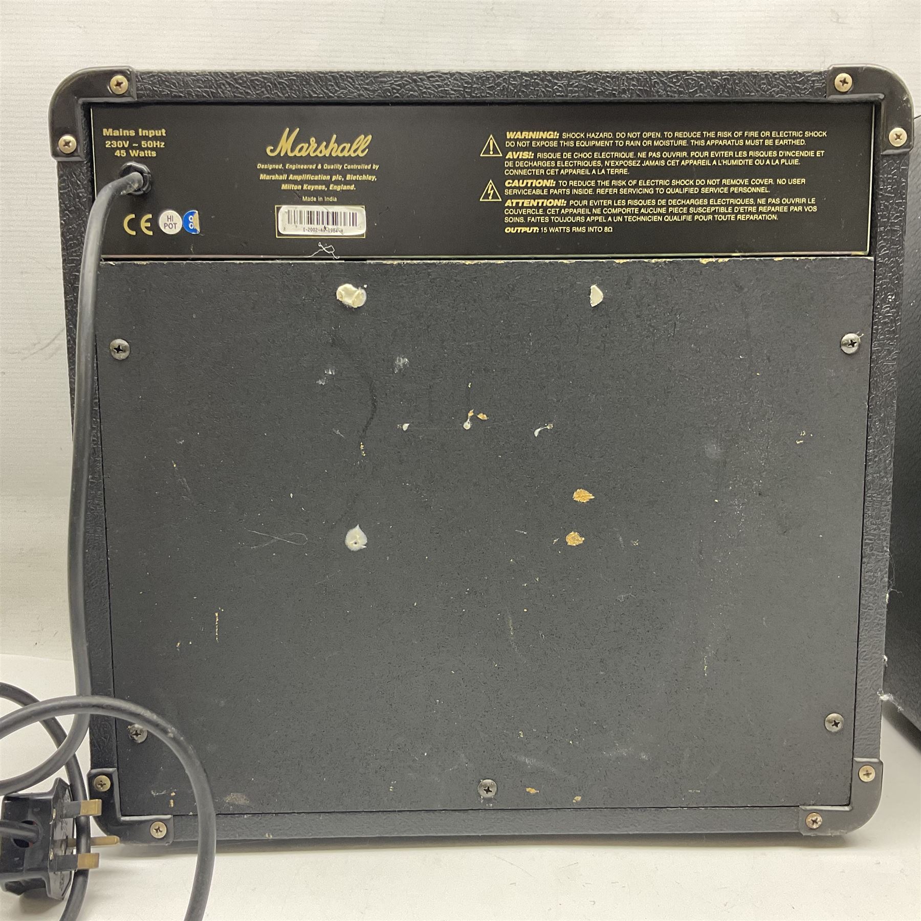 Aria Sinsonido mahogany electric travel guitar, serial no.0502385 L86cm; in original gig bag with earphones and GM11 Minituner; together with Fender Sidekick Reverb 25 amplifier and Marshall MG Series 15DFX amplifier (3)