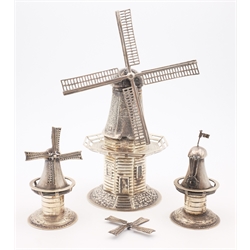  Dutch silver model of a windmill 1961 and a pair of similar silver models approx 8oz  