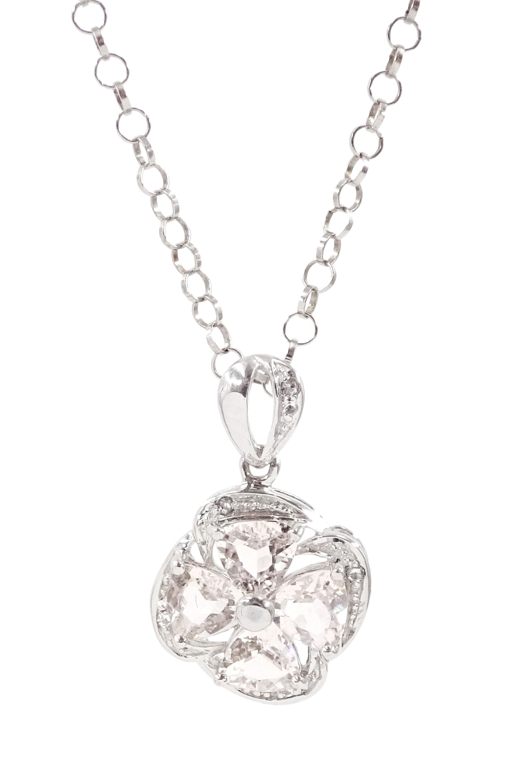 9ct white gold four stone trillion cut morganite and white topaz pendant necklace, total morganite weight approx 1.25 carat