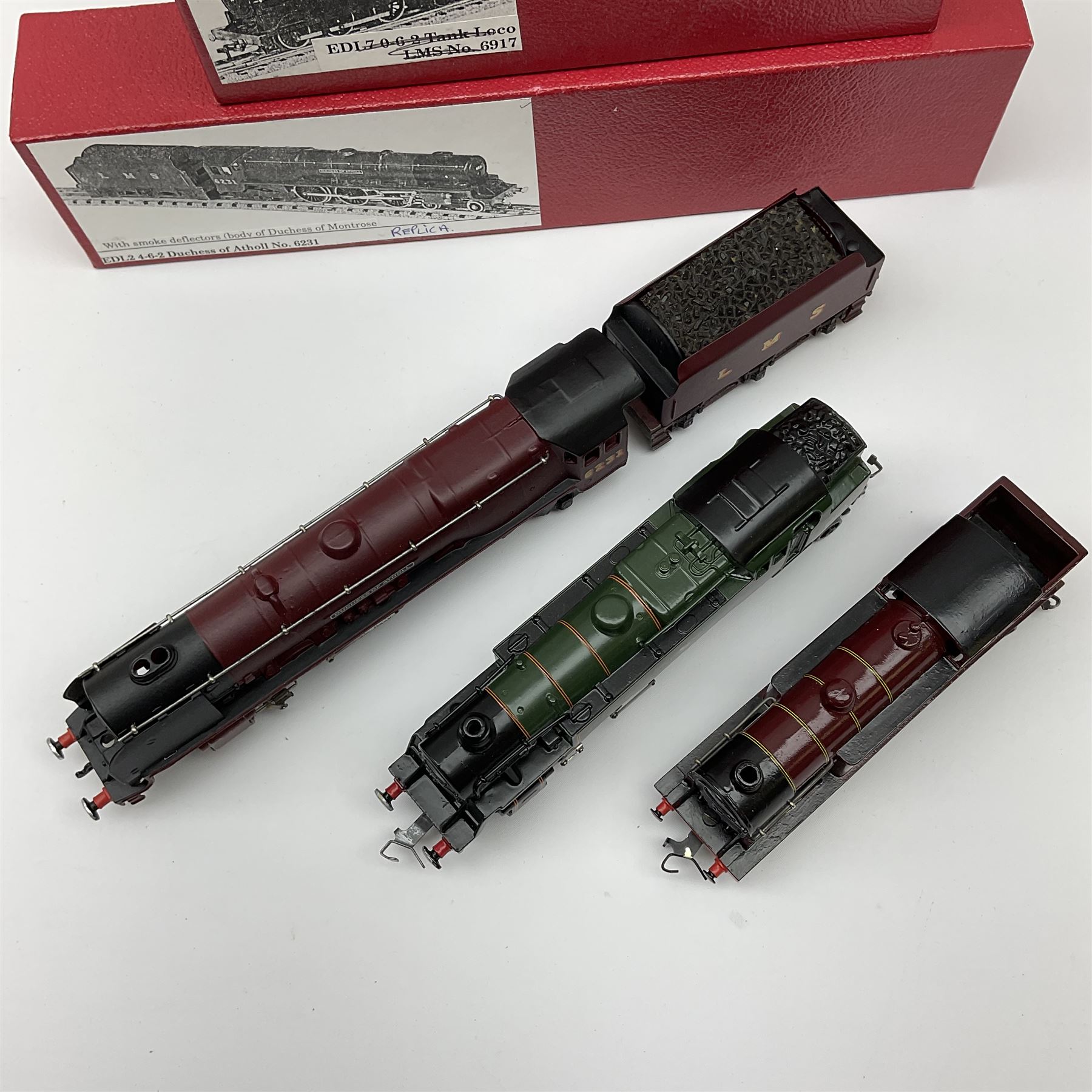 Hornby Dublo - three re-painted locomotives comprising LMS Duchess Class 4-6-2 'Duchess of Atholl' No.6231; 2-6-4 Tank No.80135; and Class N2 Metropolitan 0-6-2 Tank No.203; all in modern boxes (3)