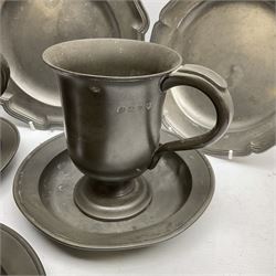 Group of 19th century pewter comprising, set of three H Kamphof Dutch pewter dishes, three other  dishes and two goblets 