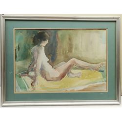 S L Turnbull (British early 20th century): 'A View on Wadsley Common Sheffield', watercolour signed, titled verso; Ken Bell (British Contemporary): Reclining Nude, watercolour signed; R Carmichael: 'The Chapel of the English Convent Bruges', watercolour signed, titled verso; together with two landscape watercolour vignettes indistinctly signed, max 49cm x 65cm (5)