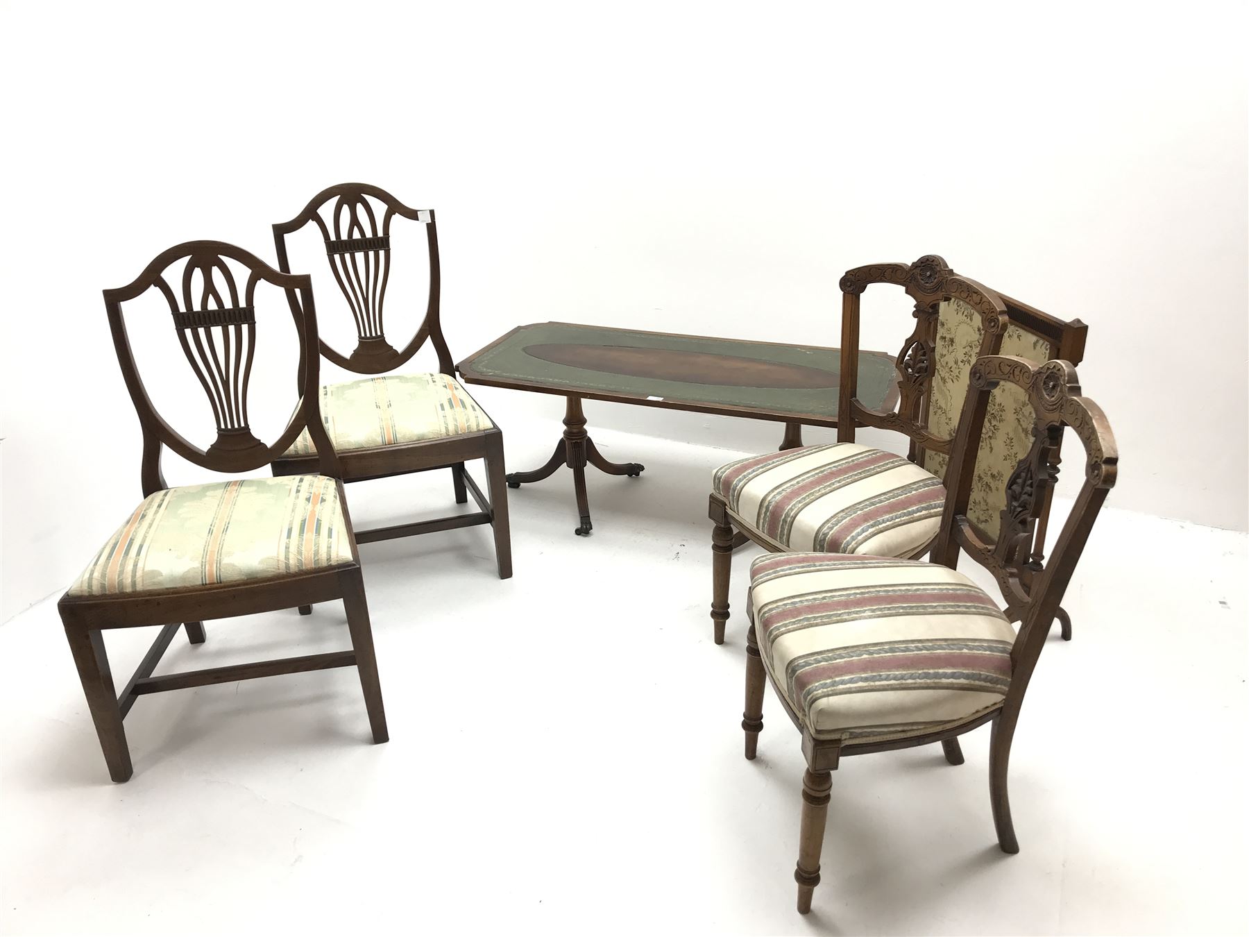 Pair of Edwardian chairs, shaped cresting rail, upholstered seats, turned tapering supports (W47cm) a fire screen, two other chairs and a leather top coffee table
