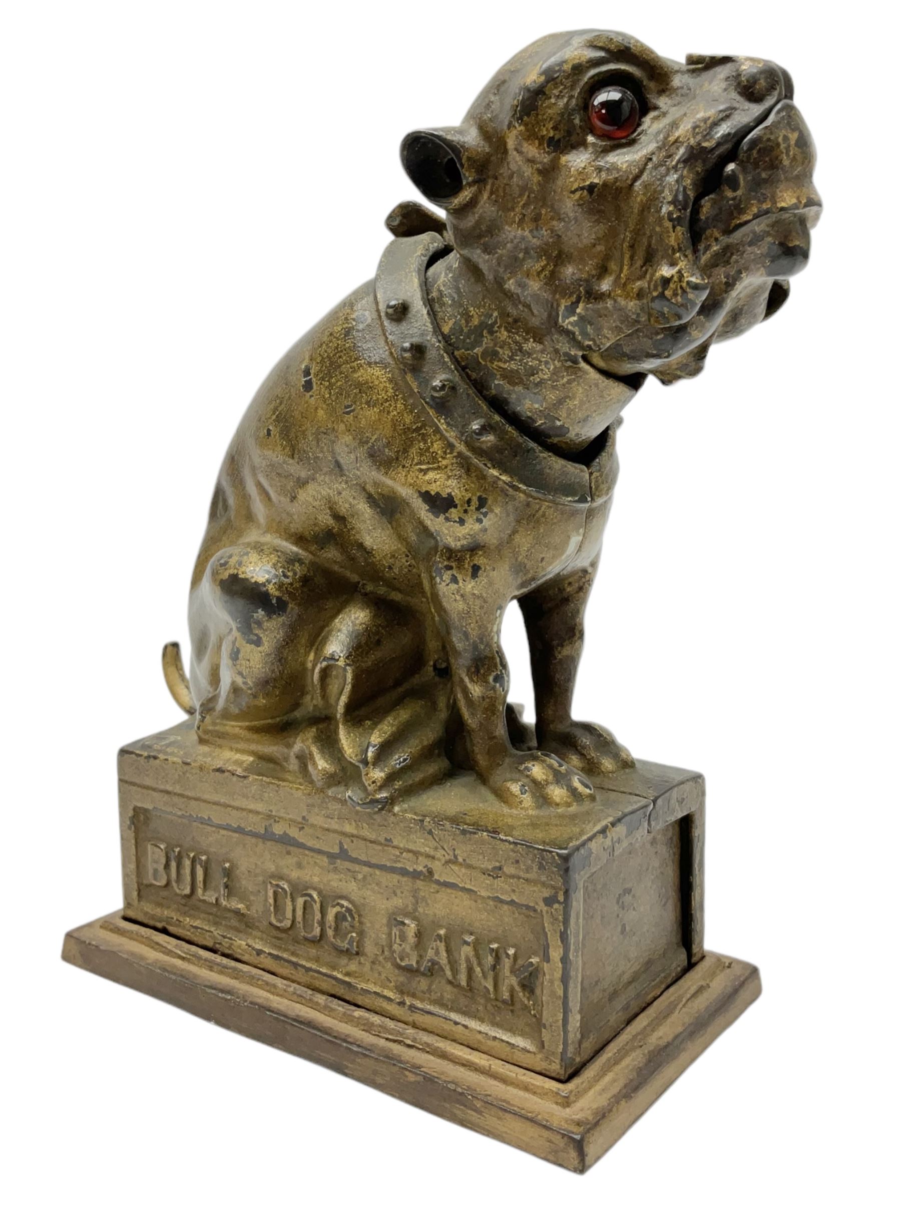 Late 19th century cast-iron mechanical money bank 'Bulldog Bank' by J & E Stevens with coin-on-nose action; patented 27th April 1880 H19.5cm