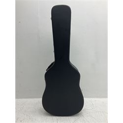 Ozark metal cased resonator guitar with all over chased foliate decoration to the polished finish and mother-of-pearl inlay to the fretboard L100cm; in Stagg hard carrying case