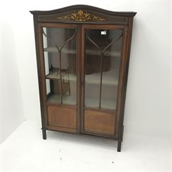Edwardian inlaid mahogany display cabinet, two astragal glazed doors enclosing lined interior, square supports, W92cm, H142cm, D31cm