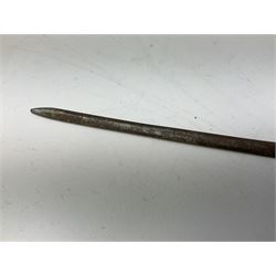 Patinated 'bronze' fantasy dagger, the 26cm blade, hilt and scabbard cast with dragons L50cm overall; hand forged iron spearhead L29.5cm; and a stiletto blade (3)