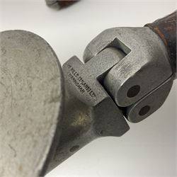 Early 20th century curved horn handle walking stick with hallmarked silver mounts, engraved L Russell 1918, together with a shooting stick by William Mills Birmingham, with leather handle, 'The Featherwaite' shooting stick and an umbrella with wooden handle