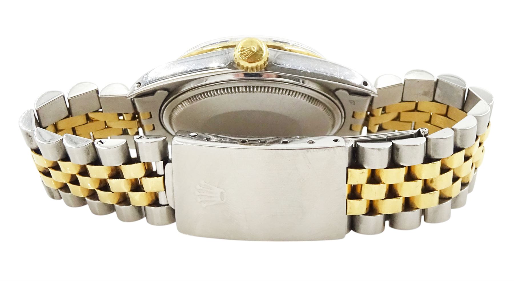 Rolex Oyster Perpetual Datejust gentleman's gold and stainless steel automatic wristwatch, circa 1987, Ref. 16253, serial No. 9871038, white dial with Roman numeral hour markers and date aperture, on gold and stainless steel Jubilee bracelet, with fold-over clasp