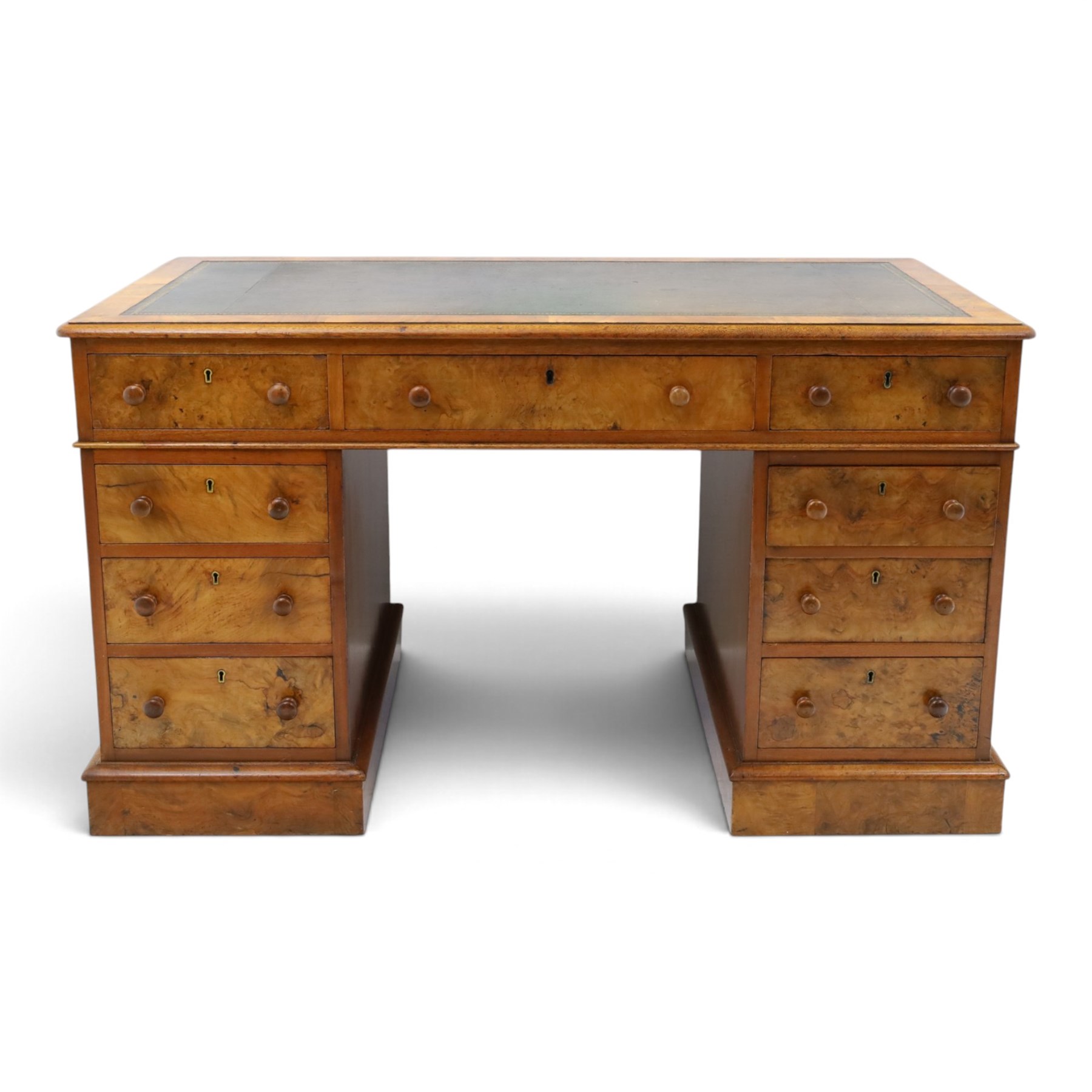 19th century burr walnut twin pedestal desk, rectangular top inset tooled green leather insert with moulded edge, frieze with three drawers with turned wooden pulls, raised on pedestal bases, containing three graduated drawers raised on plinth bases with castors