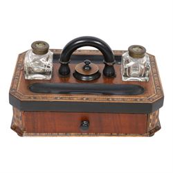 Tunbridge desk stand, with ebonised handle, twin inkwells with Thomas Morton 'The Maze' closing lids, with draw to the front 