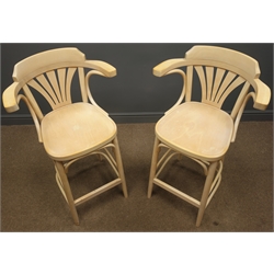  Pair lightwood bentwood high bar stools, pierced splat, four supports and stretchers W57cm, H101cm, D42cm (2)  