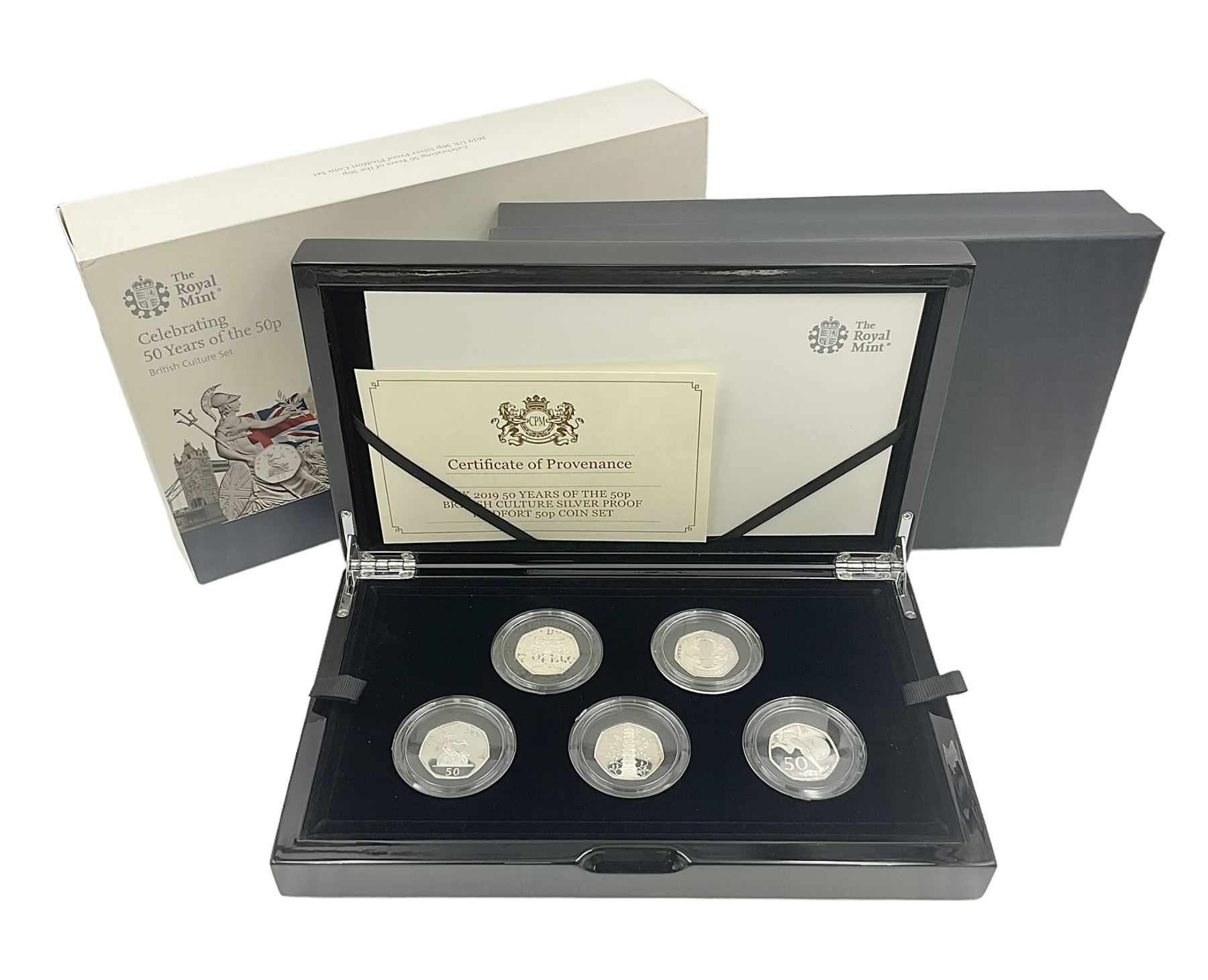 The Royal Mint United Kingdom 2019 'Celebrating 50 Years of the 50p' silver proof piedfort coin set, cased with certificate