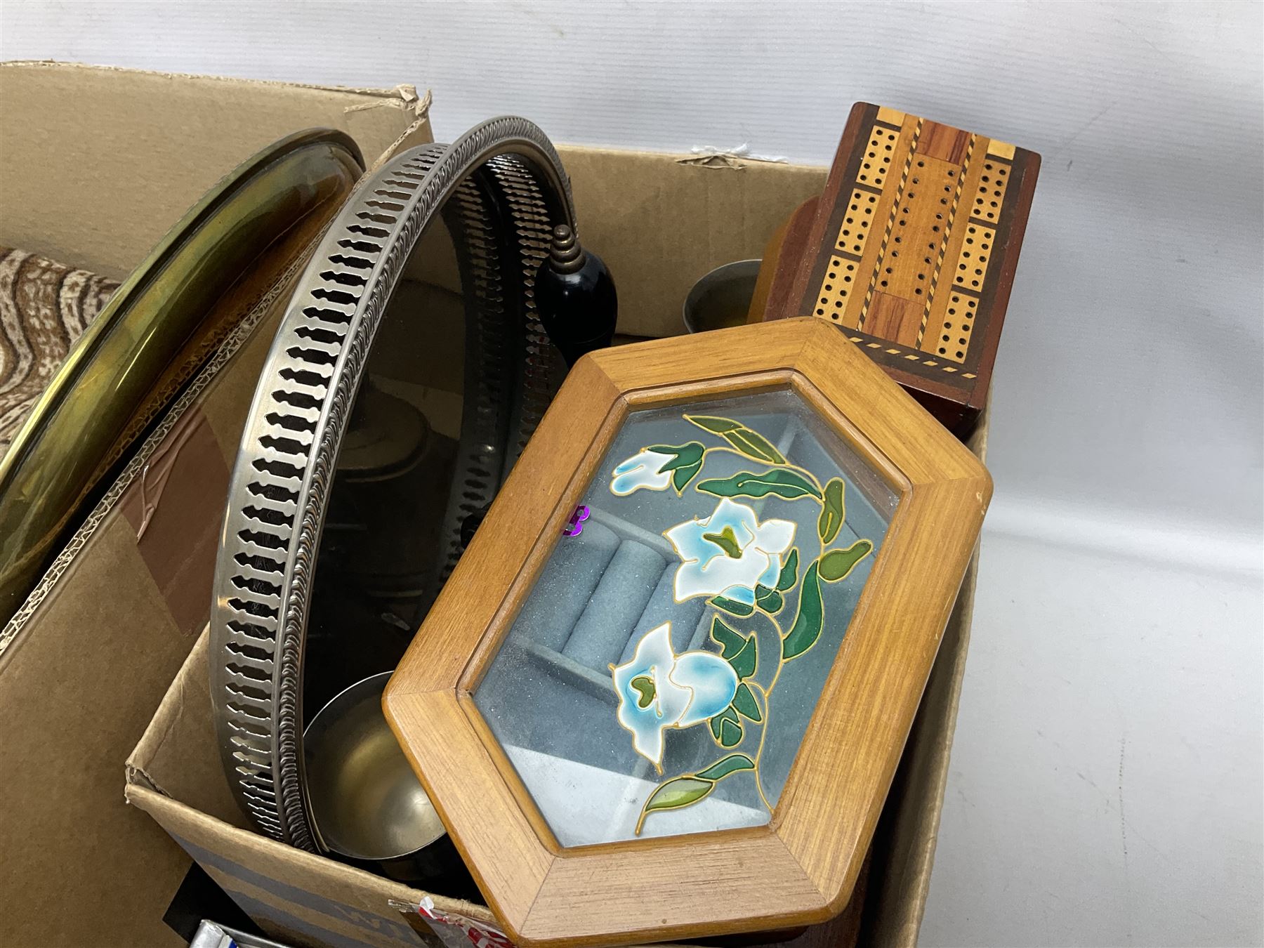 Silver plated jewellery box with foliate decoration and domed hinged lid, further silver plate and other metalware,
Icon of Mary and baby Jesus on wood, quantity of craved treen, rug etc