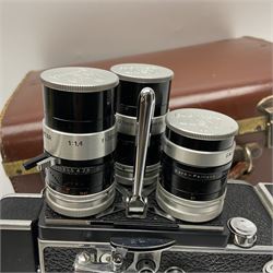 Paillard Bolex H8 RX4 cine camera body with turret for interchangeable lenses, serial no. 216071, with 'Macro Switar H8RX f1.4 36mm' lens, serial no.863406, 'Macro Switar H8RX f1.3 12.5mm' lens, serial no. 865770, 'Switar H8RX f1.6 5.5mm' lens, serial no. 937691 and RX fader, in fitted leather case