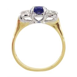 18ct gold three stone oval Ceylon sapphire and round brilliant cut diamond ring, hallmarked, sapphire approx 1.05 carat, total diamond weight approx 0.60 carat