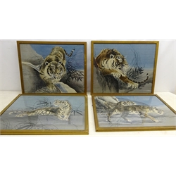  Chinese Tigers, four 20th century paintings on fabric unsigned max 45cm x 53cm (4)  