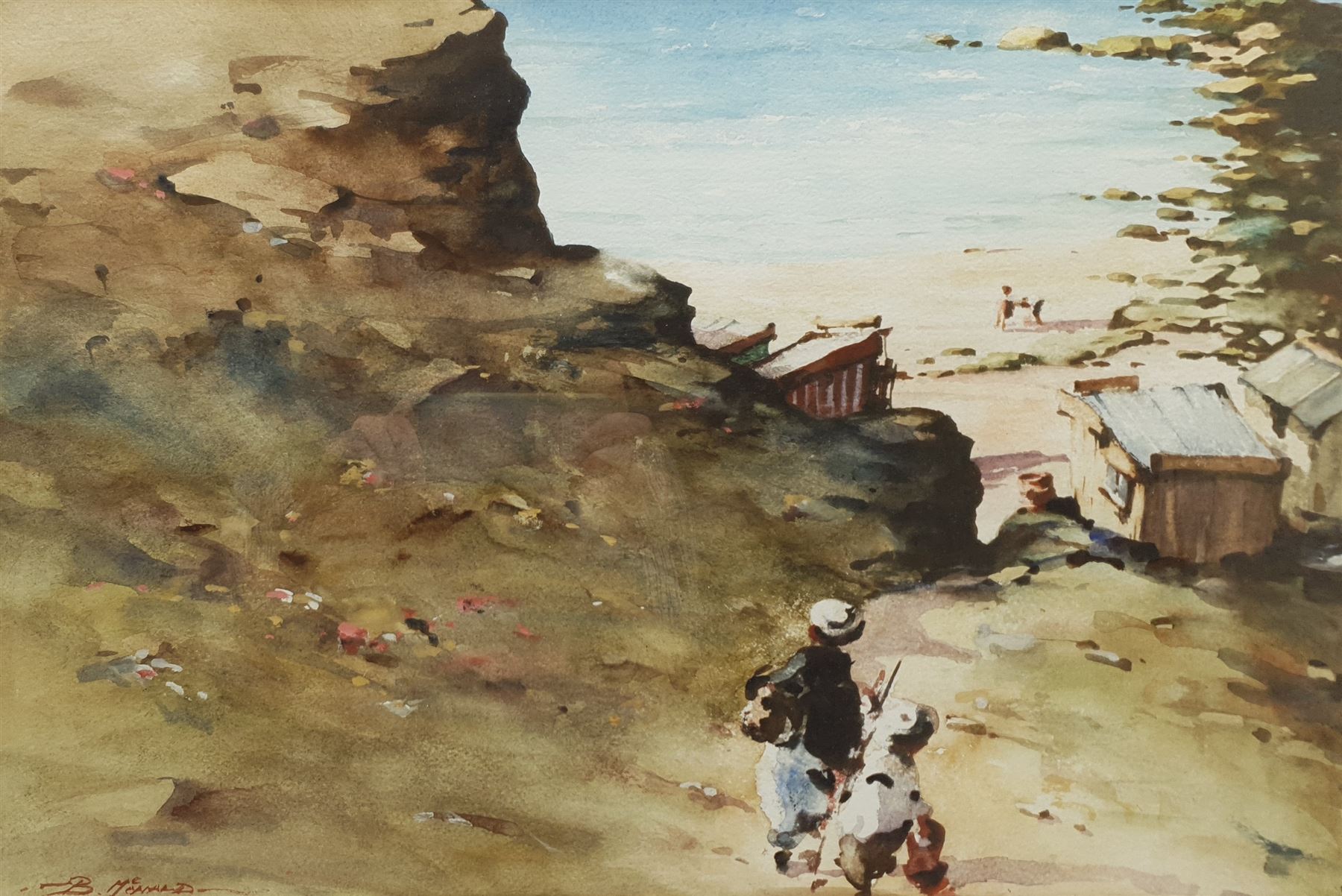 Bernard McDonald (British 1944-): Children descending to a Rocky Cove, watercolour signed 35cm x 53cm