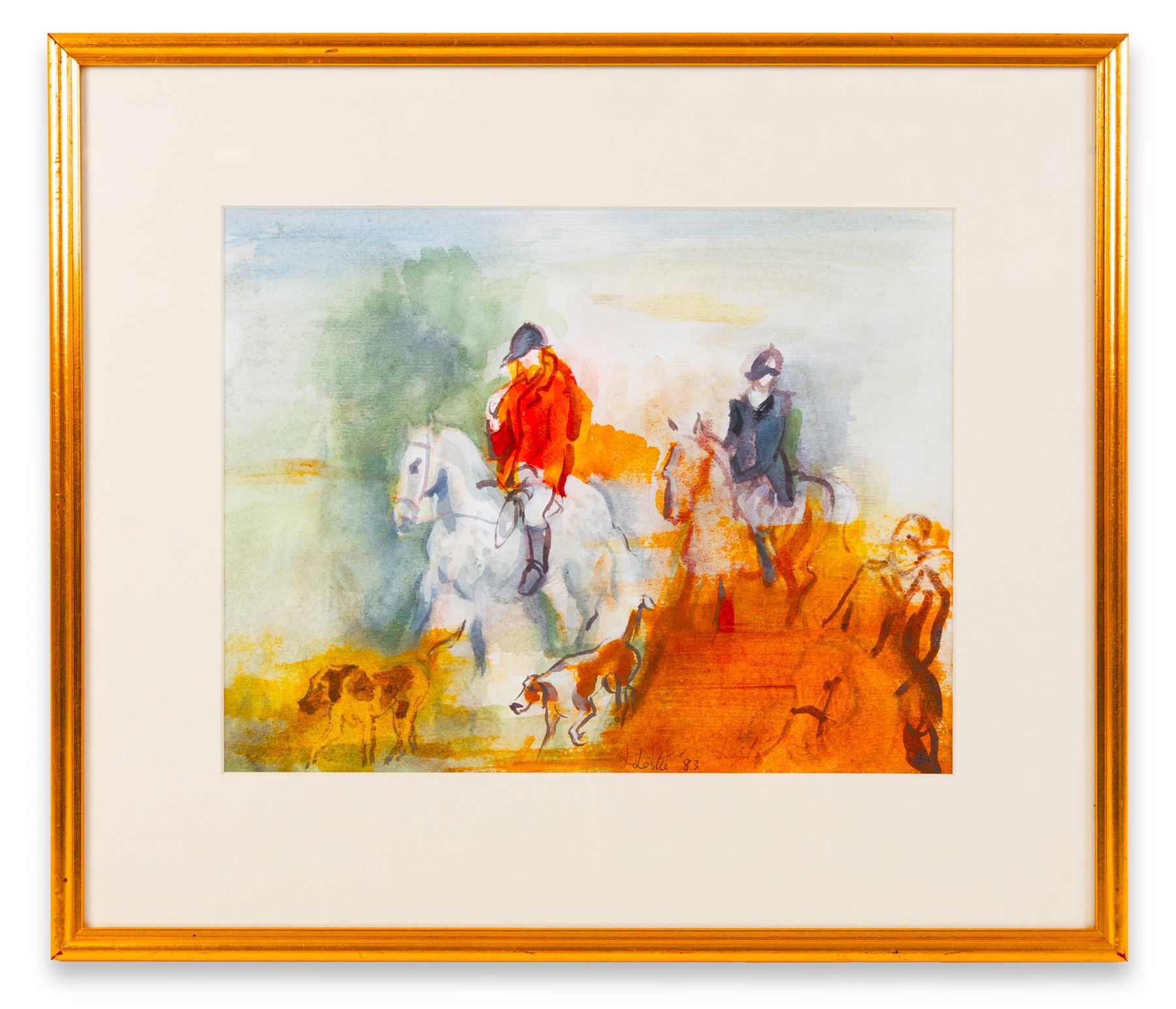Leslie (Mid/late 20th century): The Hunt, impressionist watercolour signed and dated '83, 25cm x 32cm
Provenance; the estate of the late Mrs Godsal, Pond Street, London NW3 purchased Abbott & Holder, 30 Museum Street, London, label verso