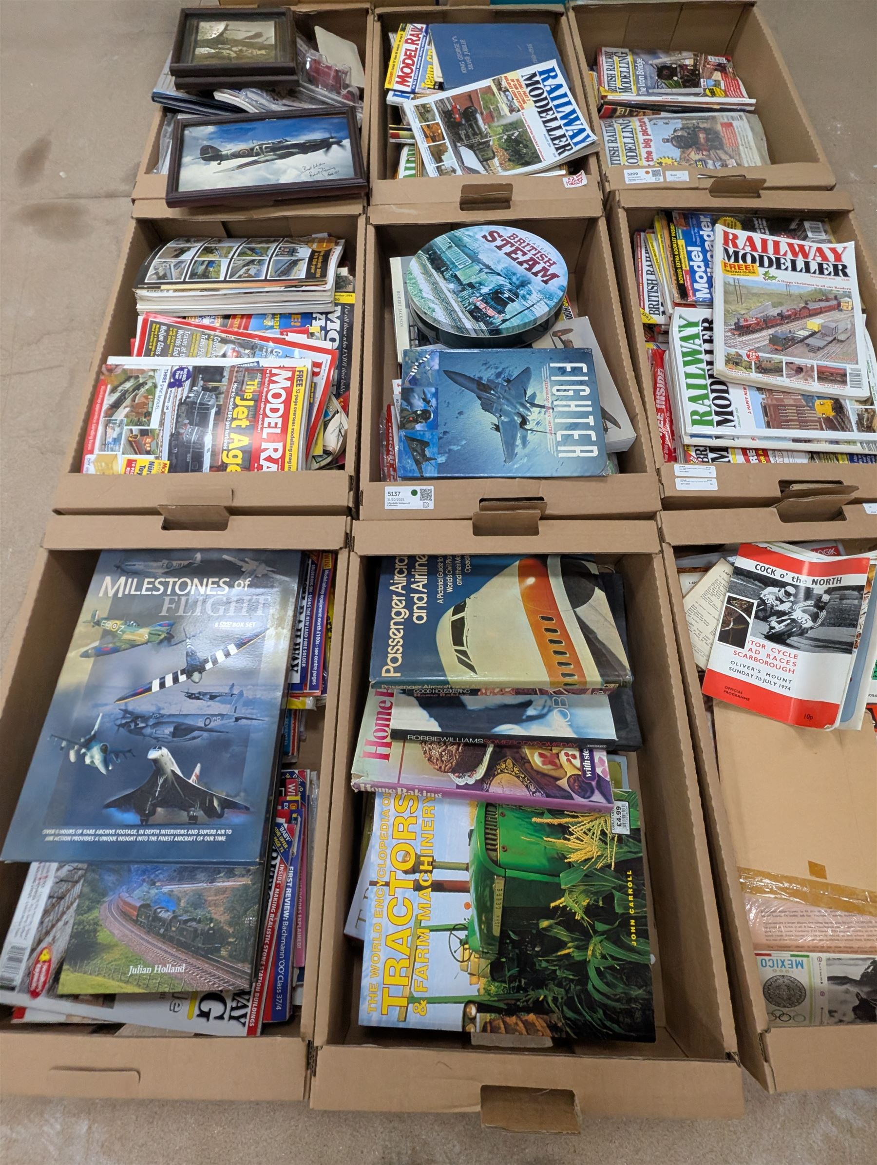 Large collection of model railway magazines, including Railyway Modeller, British Railway Modelling and Model Rail, together with railway and similar reference books, childrens books and VHS tapes in eleven boxes