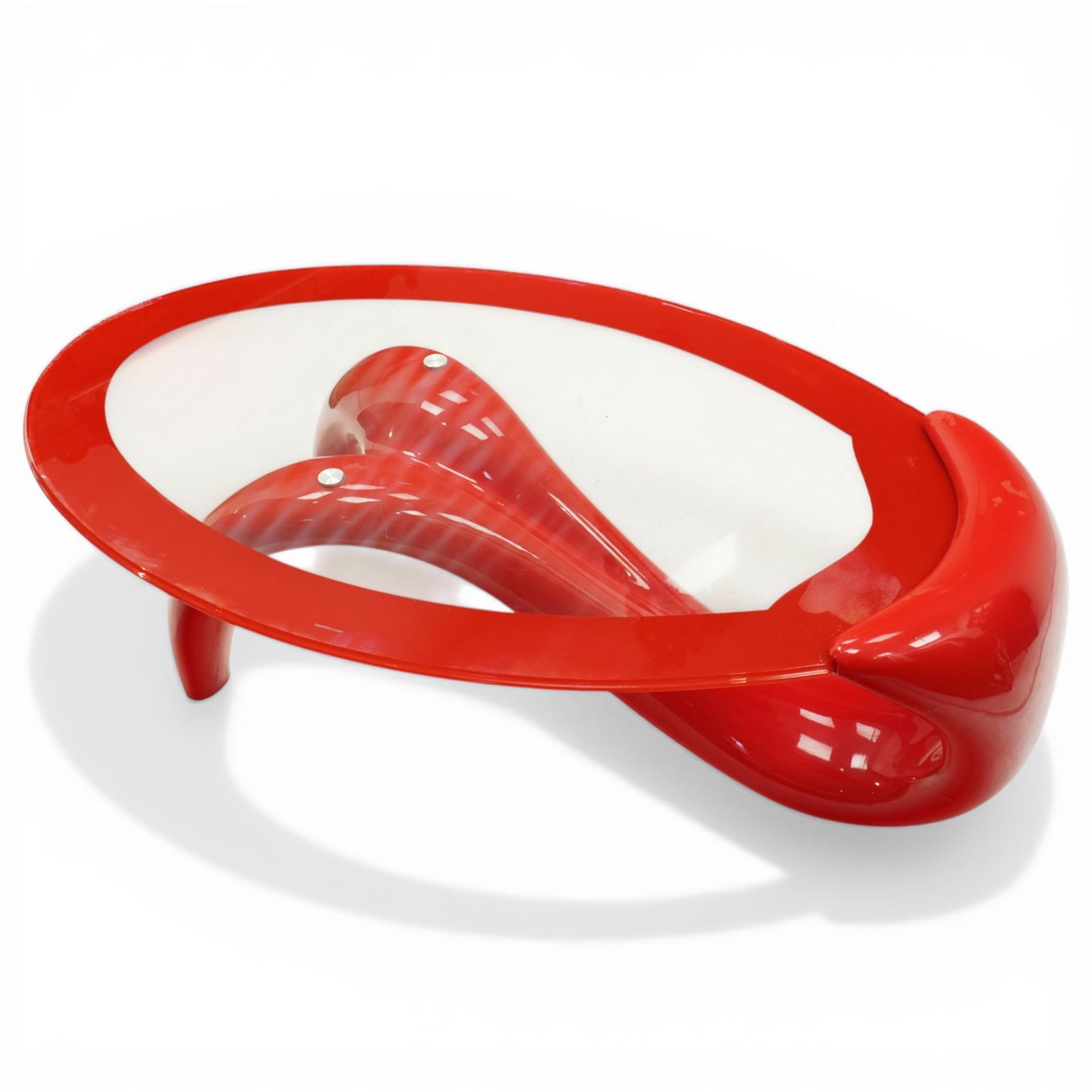 Italian post-modern design coffee table, oval glazed top with red banding over a shaped base of female form