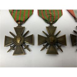 Six WWI French medals - Croix De Guerres for 1914/15, 1916, 1917 & 1918, Medaillie Militaire and TOE (Theatres Operations Exterior); all with ribbons (6)