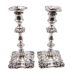 Pair of Edwardian silver mounted candlesticks, each of knopped and part fluted form, upon square stepped base with anthemions to each corner, with conforming sconces, hallmarked Thomas Bradbury & Sons Ltd, Sheffield 1901