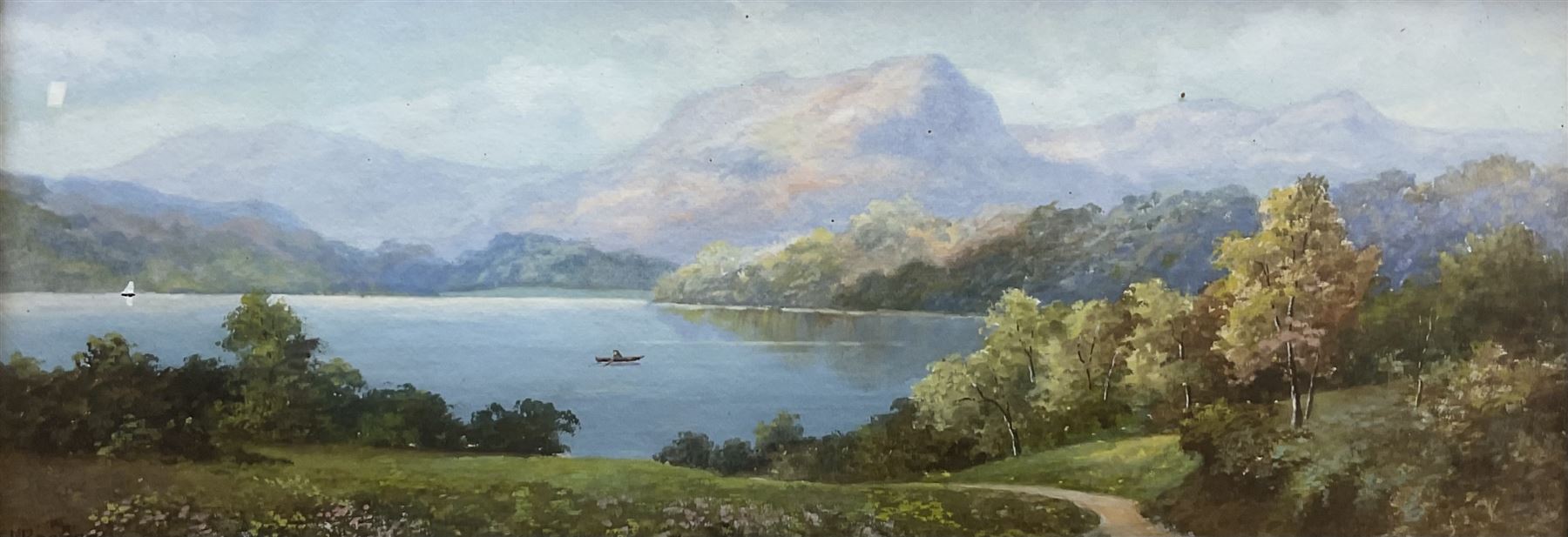 J Rogers (British 19th/20th century): Lake Scene and Coastal Scene, pair watercolours signed 20cm x 53cm (2)