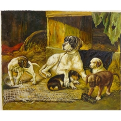  Dog with her Puppies, Spaniel Carrying a Pheasant and Resting Lion, three 20th century oils on canvas unsigned max 52cm x 62cm unframed (3)  