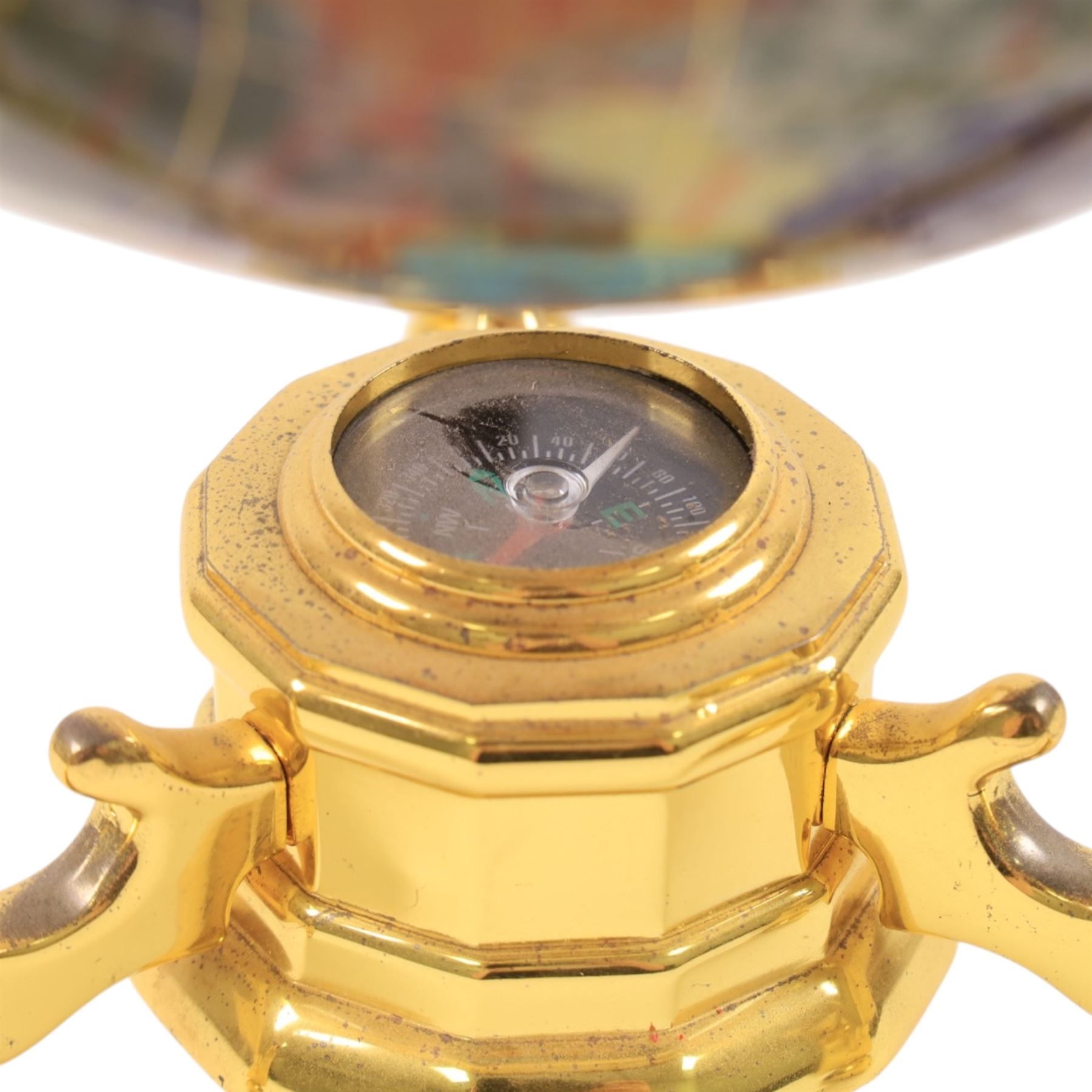 Semi precious stone set globe, blue ground, on a gimbal stand, H40cm
