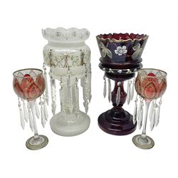 Bohemian red glass lustre, painted with stylised floral and foliate decoration, together with a milk glass example and two bohemian goblets converted to lustres 