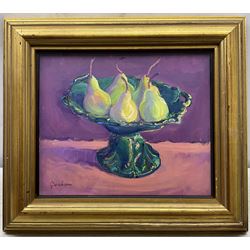 Josephine Graham (Scottish 1926-): 'Dish of Pears' oil on canvas signed, titled on address label verso 25cm x 30cm 