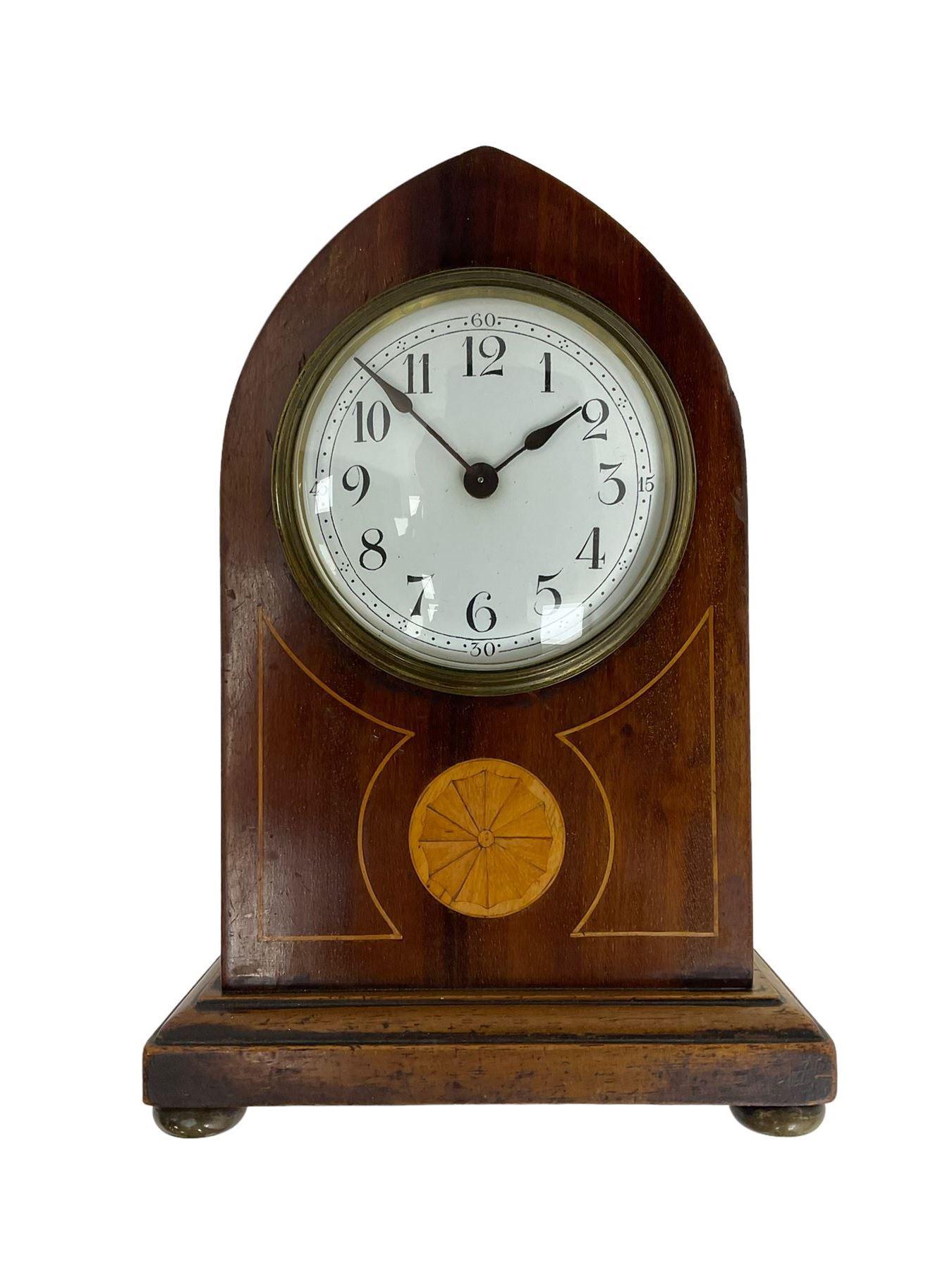 Mahogany cased Lancet clock c1910 with an inlaid cartouche and