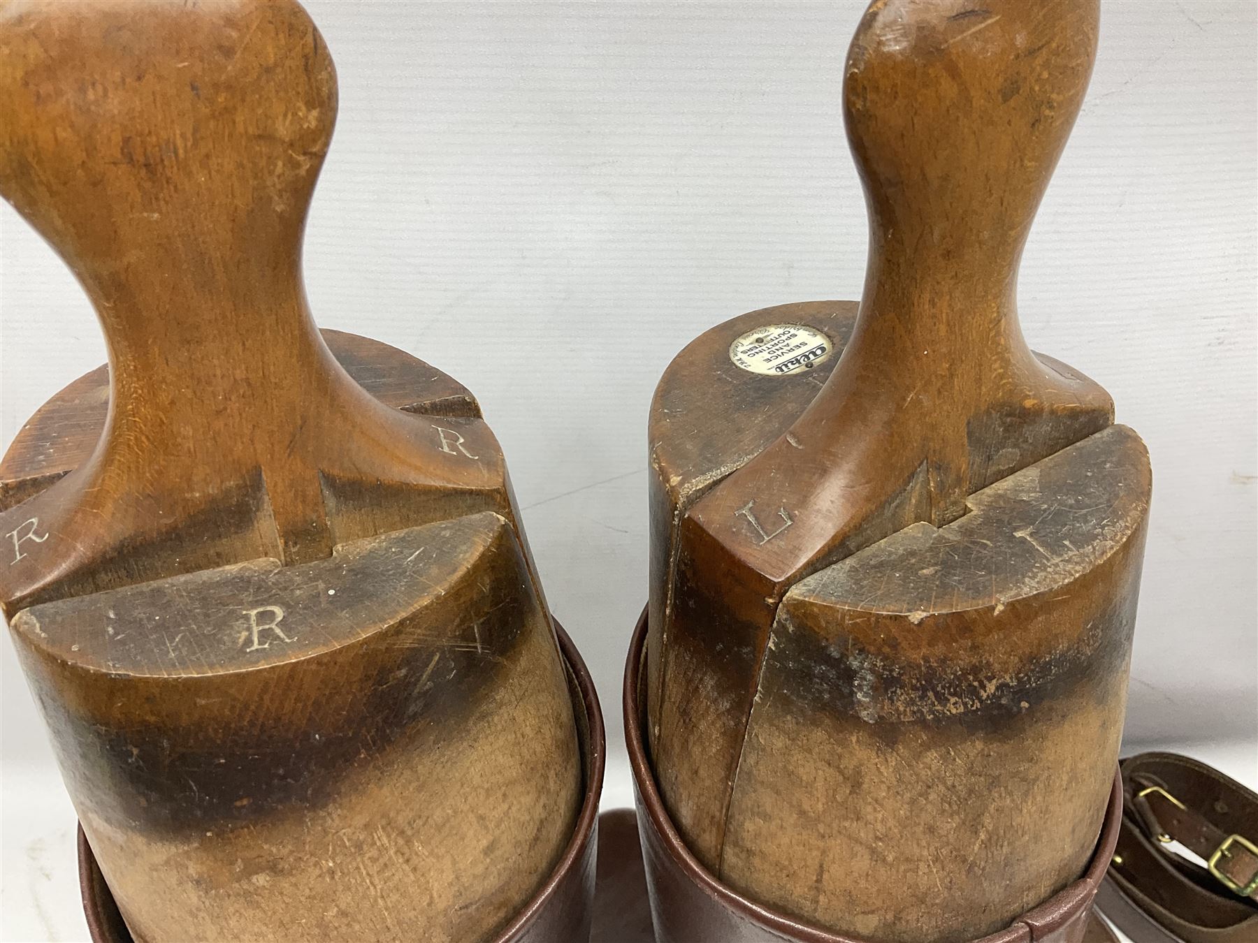 Pair of WW1 style Army Officer's brown leather full leg riding boots with Alkit four-piece wooden boot trees; and two officer's Sam Browne leather belts with cross-straps, one with sword frog (4)