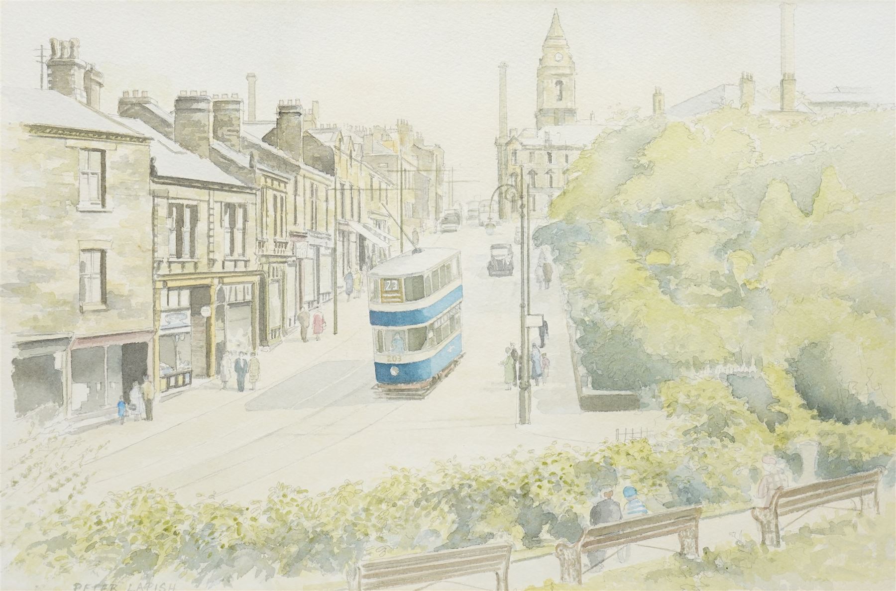 Peter Lapish (British 1937-): Tram on a Leeds Street, watercolour signed 35.5cm x 54cm