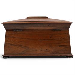 19th century tea caddy, of sarcophagus form, the lid opening to reveal fitted interior, together with red lacquered tea caddy, largest H22cm  
