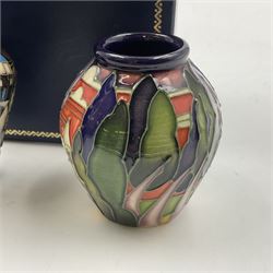 Two miniature Moorcroft vases, one decorated in the Lodge Hill pattern, circa 2007, H6cm,  and the other decorated in Made in Burslem circa 2011, H6cm  