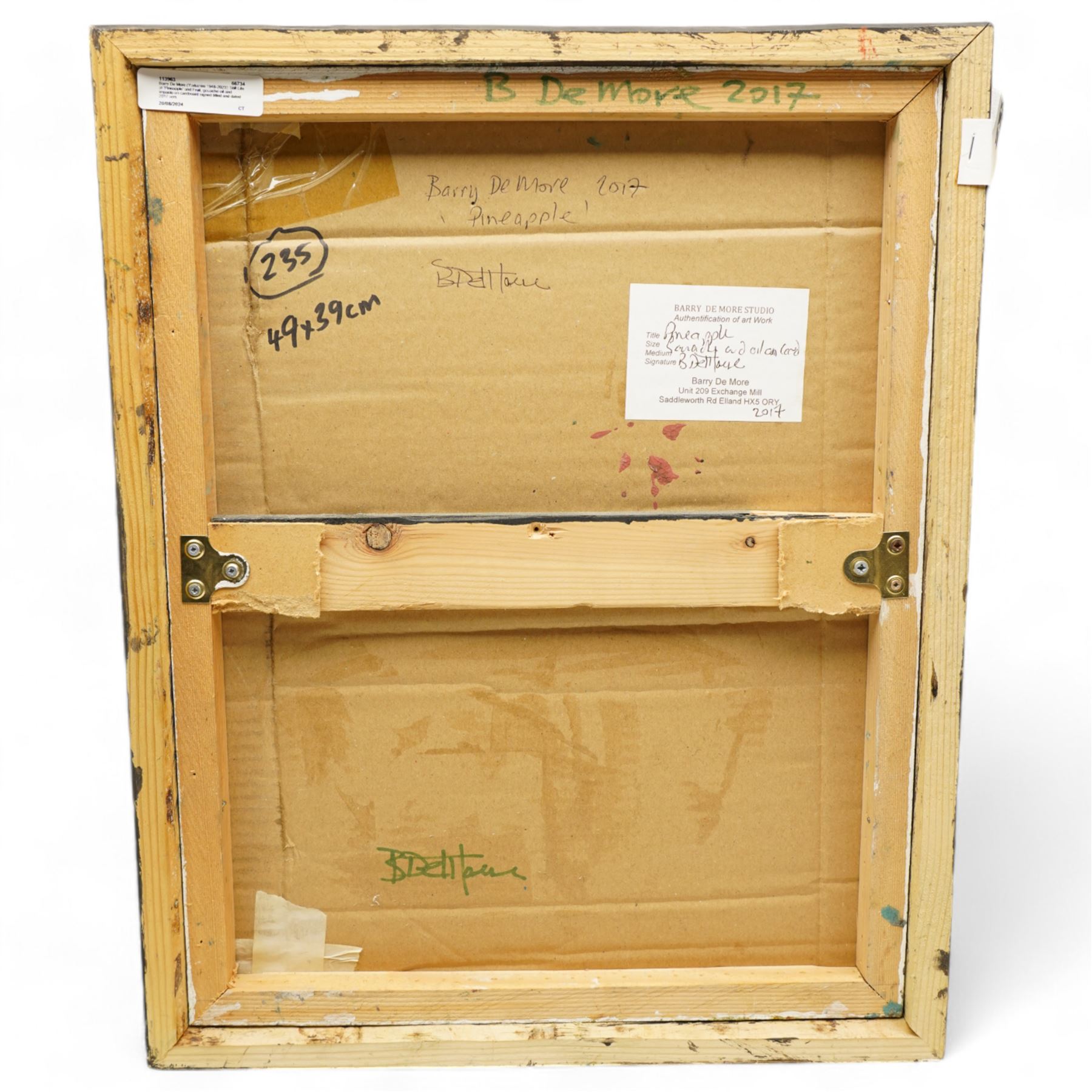 Barry De More (Yorkshire 1948-2023): Still Life of 'Pineapple' and Fruit, gouache oil and impasto on cardboard signed titled and dated 2017 verso 45cm x 35cm
Notes: Acclaimed as one of the North's greatest expressionist artists, Barry De More (1948-2023) used a heavy impasto style to transfer his love of Yorkshire landscapes, townscapes and people to canvas. His work sits comfortably in the company of work by Kossoff and Auerbach, selling to collectors in the UK and overseas. De More's work can be found in the permanent collection of work by Northern Artists at Dean Clough, one of the UK's largest contemporary art galleries.