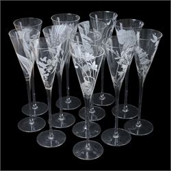 Twelve Crystal champagne glasses Les Fleurs, issued by the Franklin Mint in collaboration ...