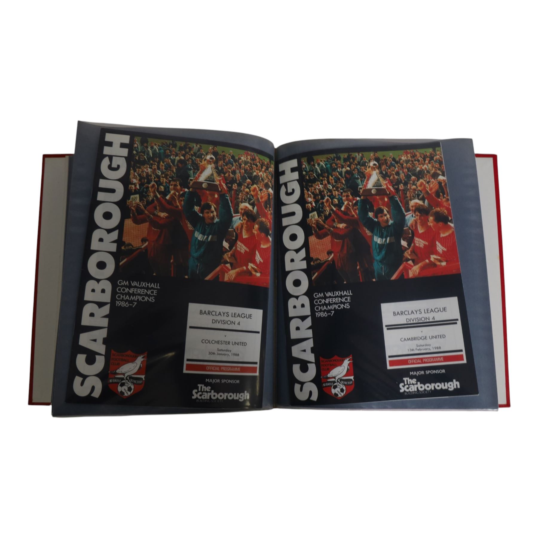 Comprehensive collection of approximately one-hundred and ninety Scarborough FC football programmes for the 1987/88, 1988/89 and 1990/91 seasons, all filed within six dedicated Scarborough FC red Home and Away binders 