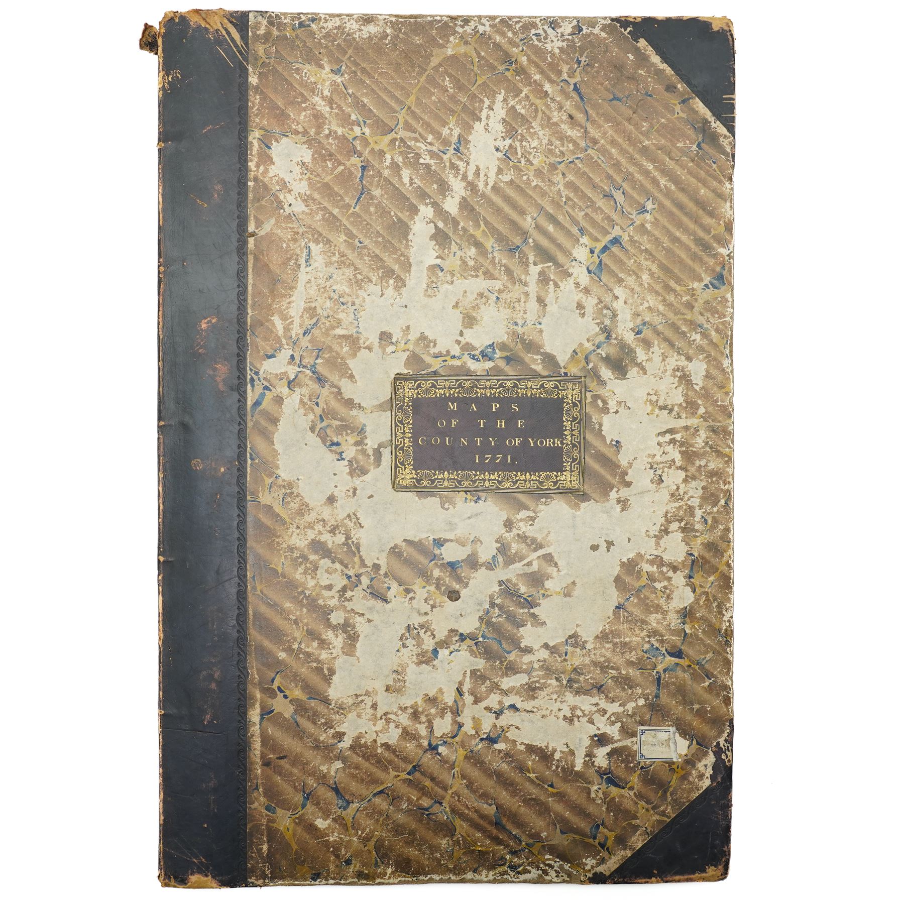 Thomas Jeffreys (British Geographer to King George c.1710-1771): 'Maps of the County of York 1771', complete folio atlas containing twenty double-page engraved maps of Yorkshire with decorative cartouches and vignettes, bound in marbled boards with leather spine 61cm x 41cm